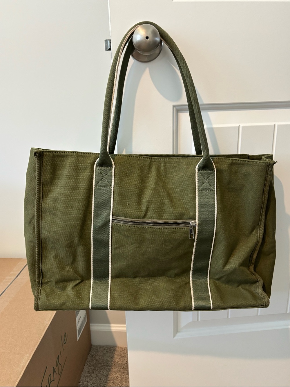 Olive Green Canvas Laptop Tote with Front Zip Pocket